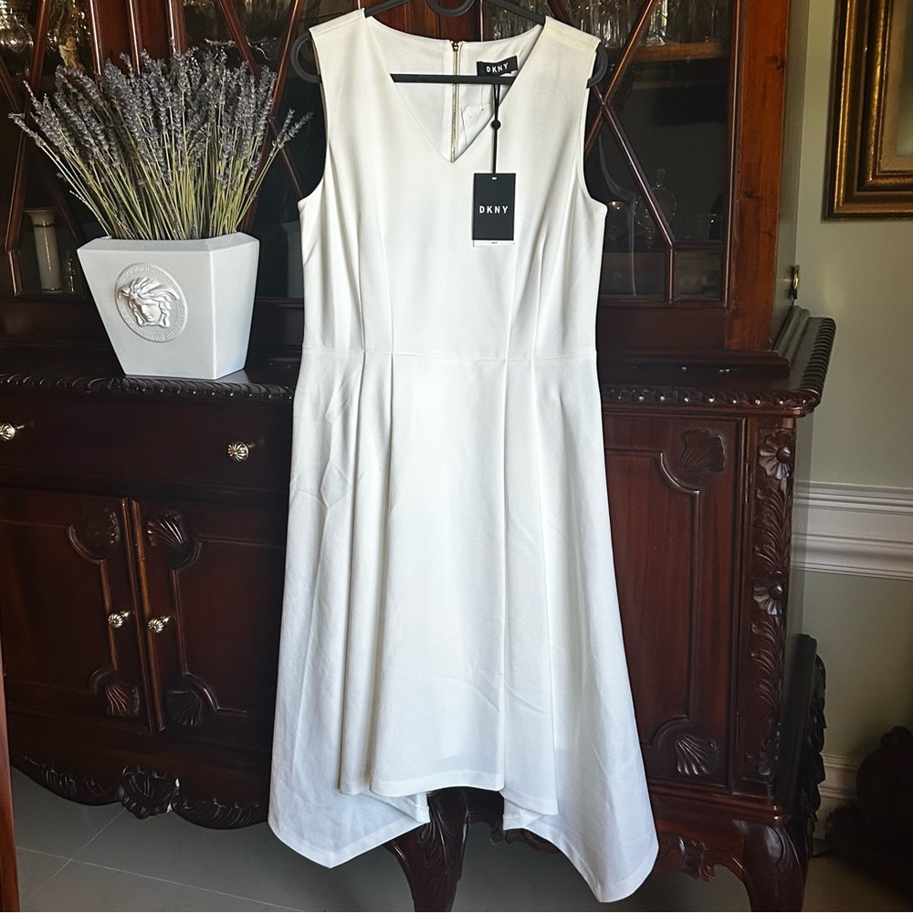 DKNY White Sleeveless Pleated Dress